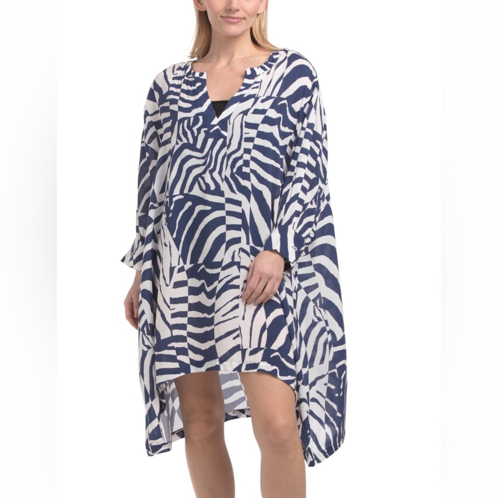 Blue and White Cover Up Animal-Print Cover Up Tunic Resort Wear Large 12 14 NWT
